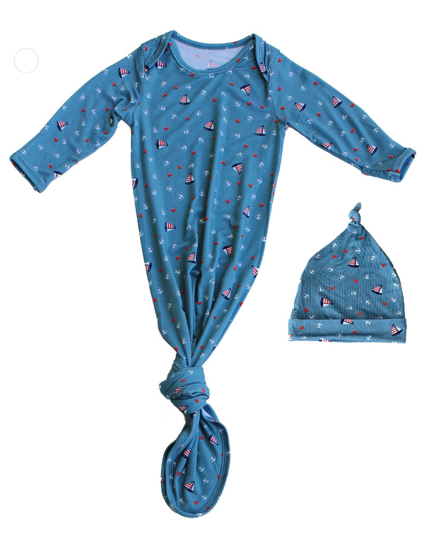 Baby Knotted Gown & Hat Set - Nautical Teal