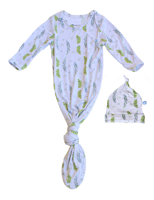 Baby Knotted Gown & Hat Set - Olive Leaves